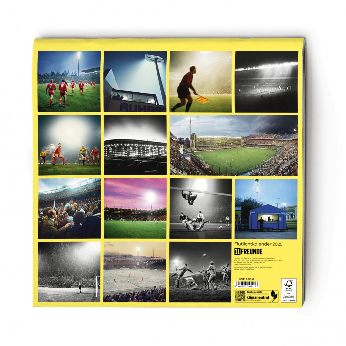 11FREUNDE Flutlichtkalender 2025 Broschurkalender mit Fotos und internationalem Kalendarium
