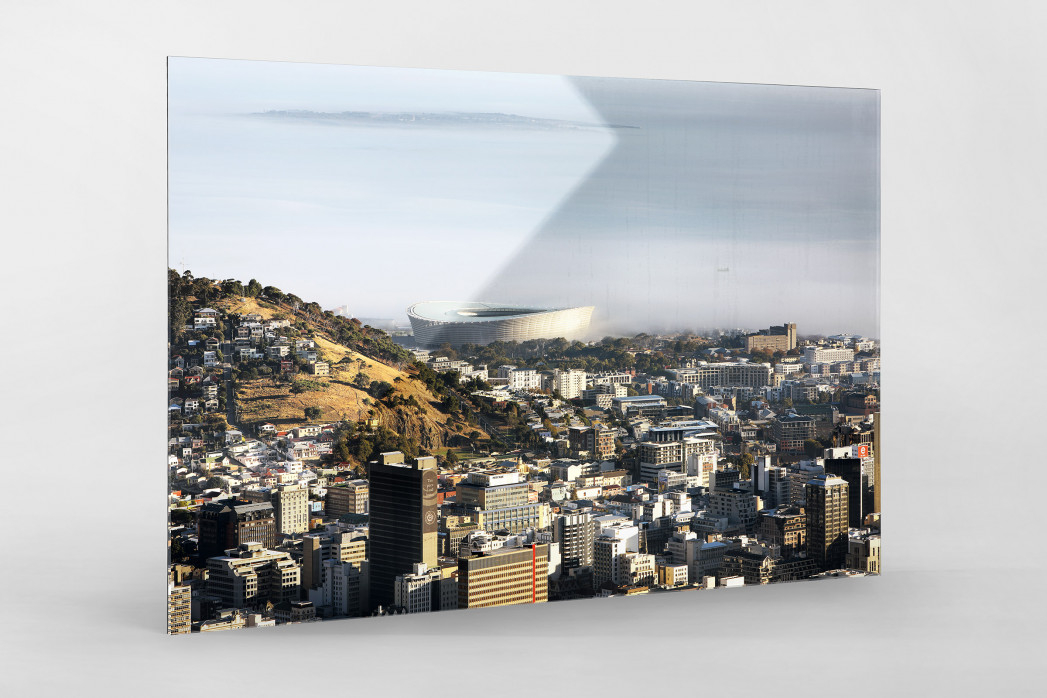 Cape Town Stadium mit Stadt und Meer als Direktdruck auf Alu-Dibond hinter Acrylglas