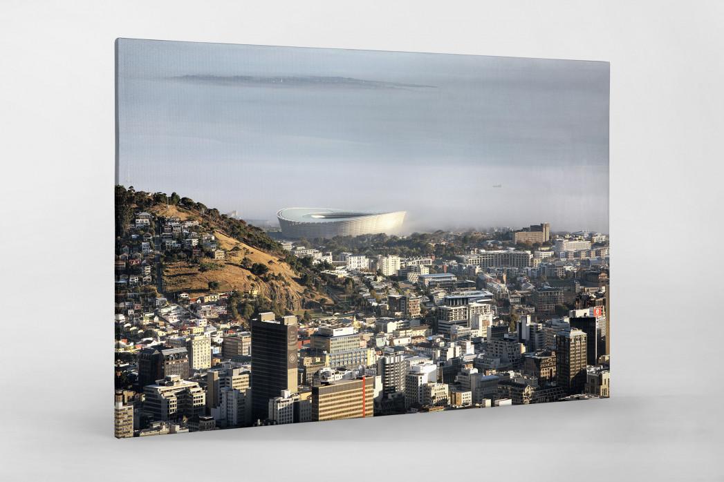 Cape Town Stadium mit Stadt und Meer als Leinwand auf Keilrahmen gezogen