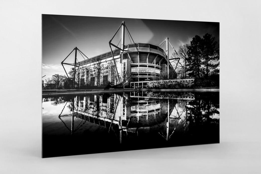 Blick auf den Signal Iduna Park (sw) als Direktdruck auf Alu-Dibond hinter Acrylglas