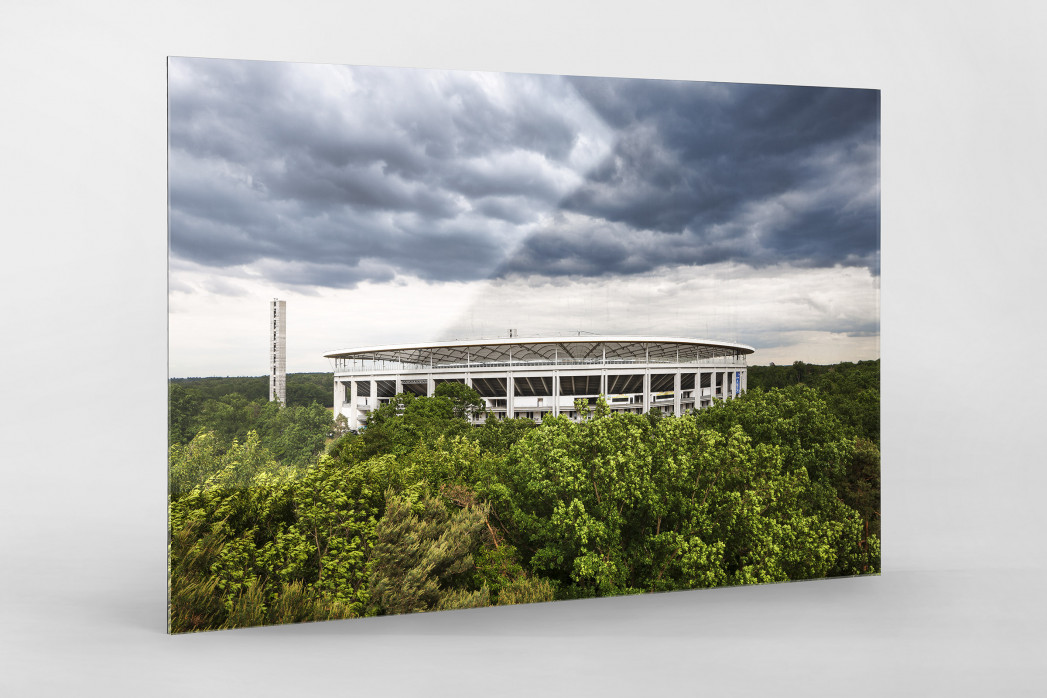 Blick auf die Frankfurter Arena als Direktdruck auf Alu-Dibond hinter Acrylglas