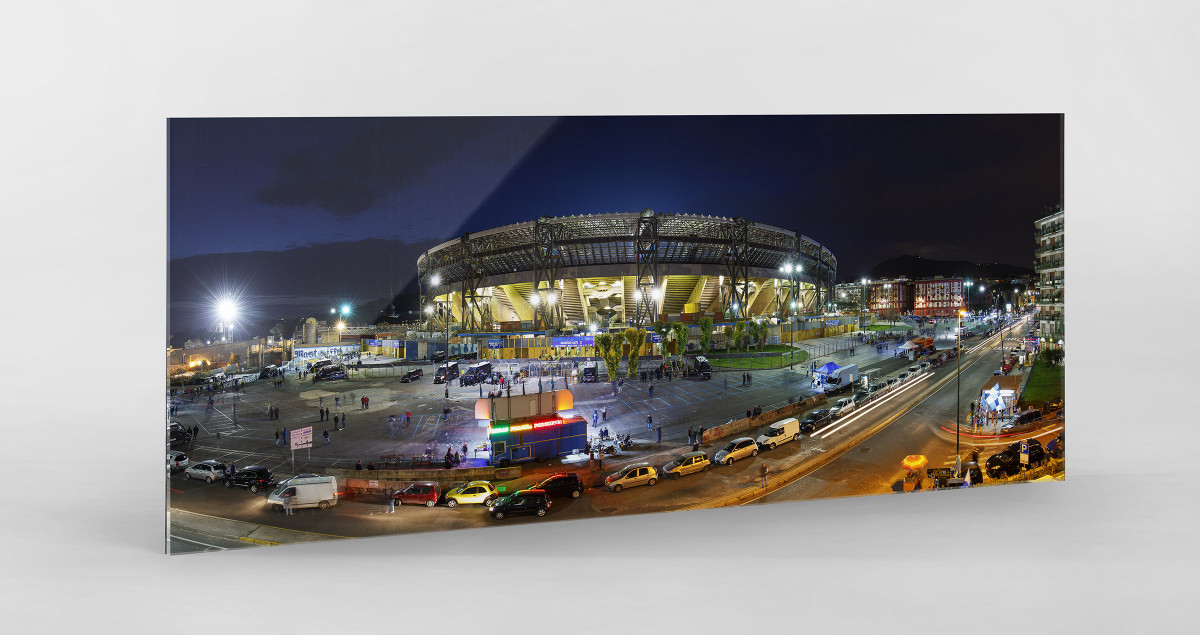 Stadio San Paolo bei Flutlicht (Panorama) als Direktdruck auf Alu-Dibond hinter Acrylglas