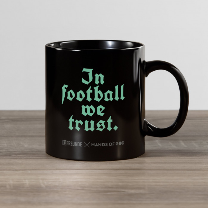 Fußballtasse / Kaffeebecher Black Edition: In Football We Trust (Cathedral) (Design: Hands Of God)