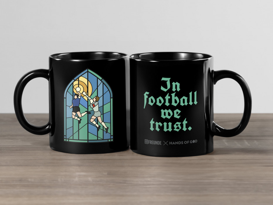 Fußballtasse / Kaffeebecher Black Edition: In Football We Trust (Cathedral) (Design: Hands Of God)