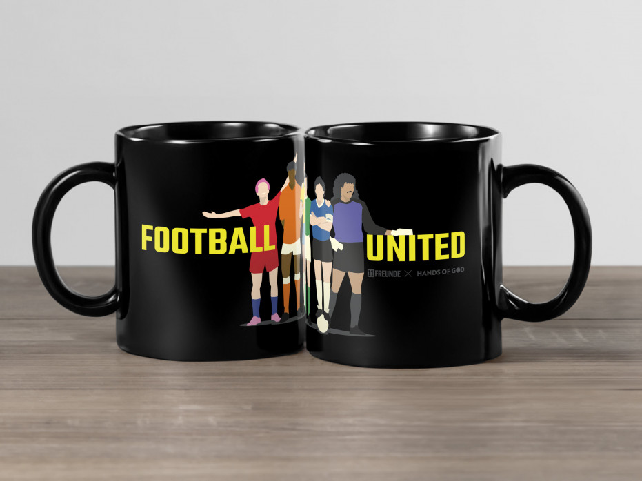 Fußballtasse / Kaffeebecher Black Edition: Football United (Design: Hands Of God)
