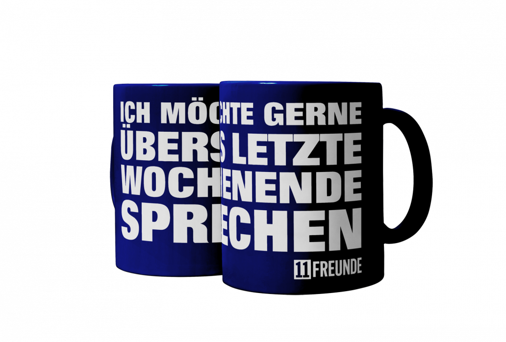 Kaffeebecher: Ich möchte gerne übers letzte Wochenende sprechen (blaue Tasse)
