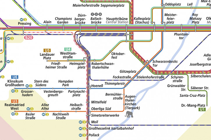 Fussballnetz München - Alternativer Streckennetzplan für den Münchner Nahverkehr als Poster