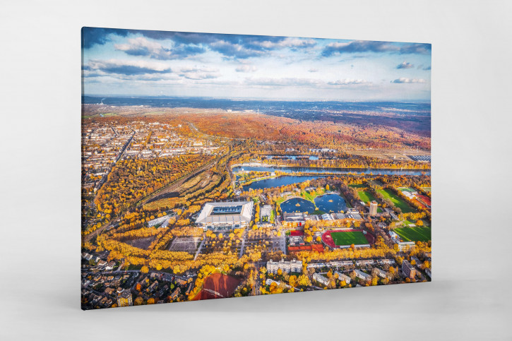 Vogelperspektive auf Duisburg und das Stadion - Wandbild MSV Duisburg