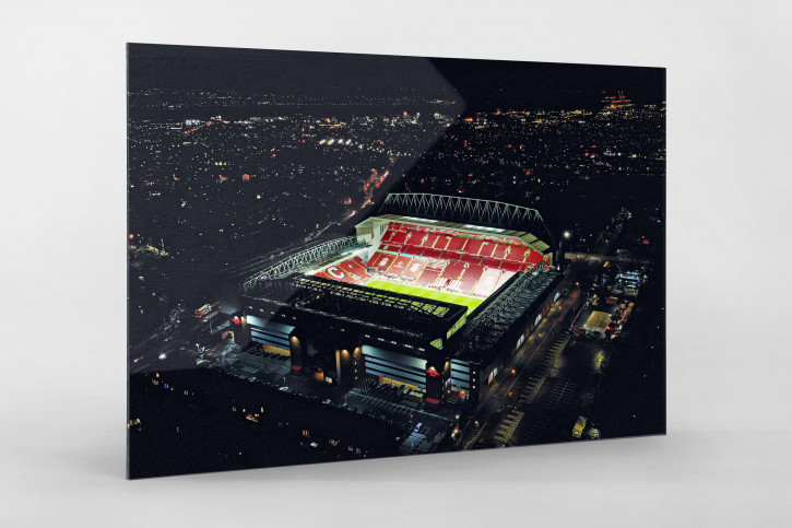 Wandbild: Anfield leuchtet bei Nacht - Luftbildaufnahme des Stadions vom FC Liverpool