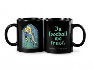 Fußballtasse / Kaffeebecher Black Edition: In Football We Trust (Cathedral) (Design: Hands Of God)