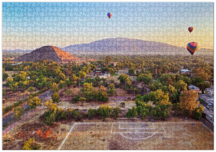 Puzzle: Fußballplatz auf Heißluftballons