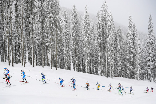 Biathlon vor verschneitem Wald